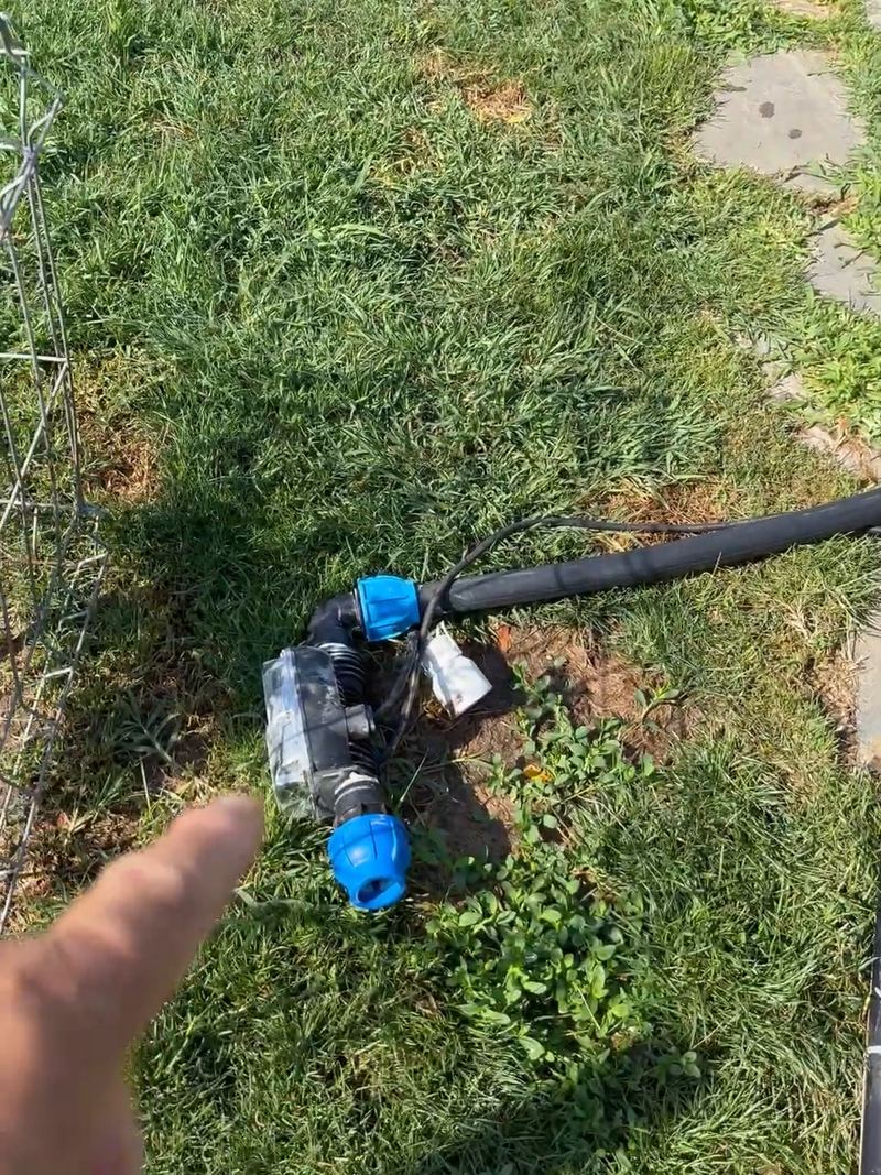 Racordurile albastre și furtunul negru de refulare, pe iarba unei curți din Flămânzeni, Buftea, la o denisipare